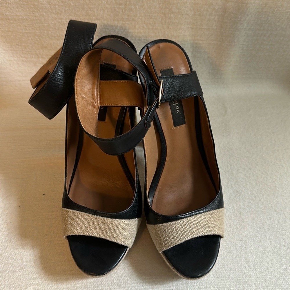 Ann Taylor, 4” inch heel with ankle strap, navy leather with tan weave/rope deta